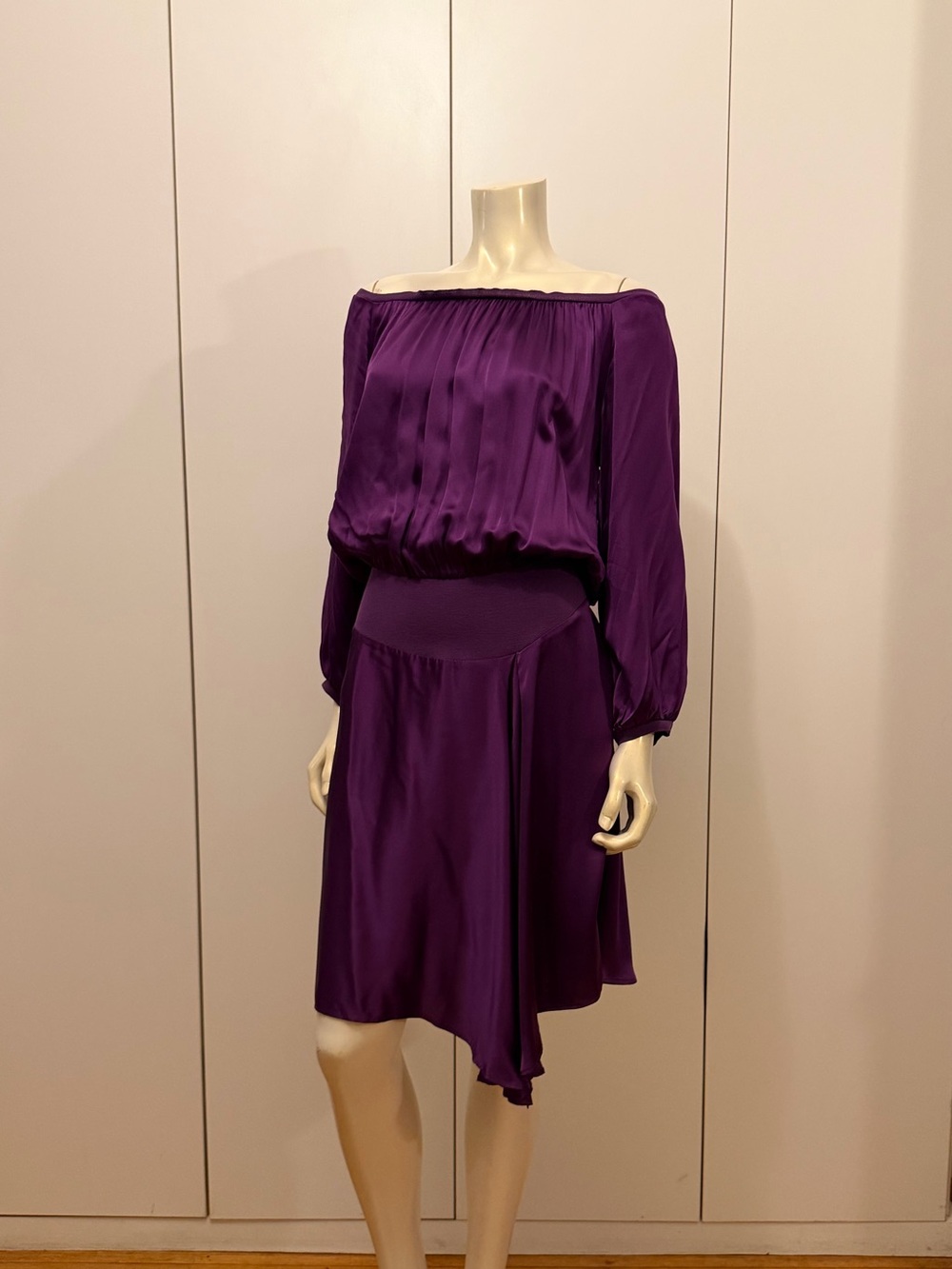 Saint Laurent Purple Off-Shoulder Blouson silk Dress